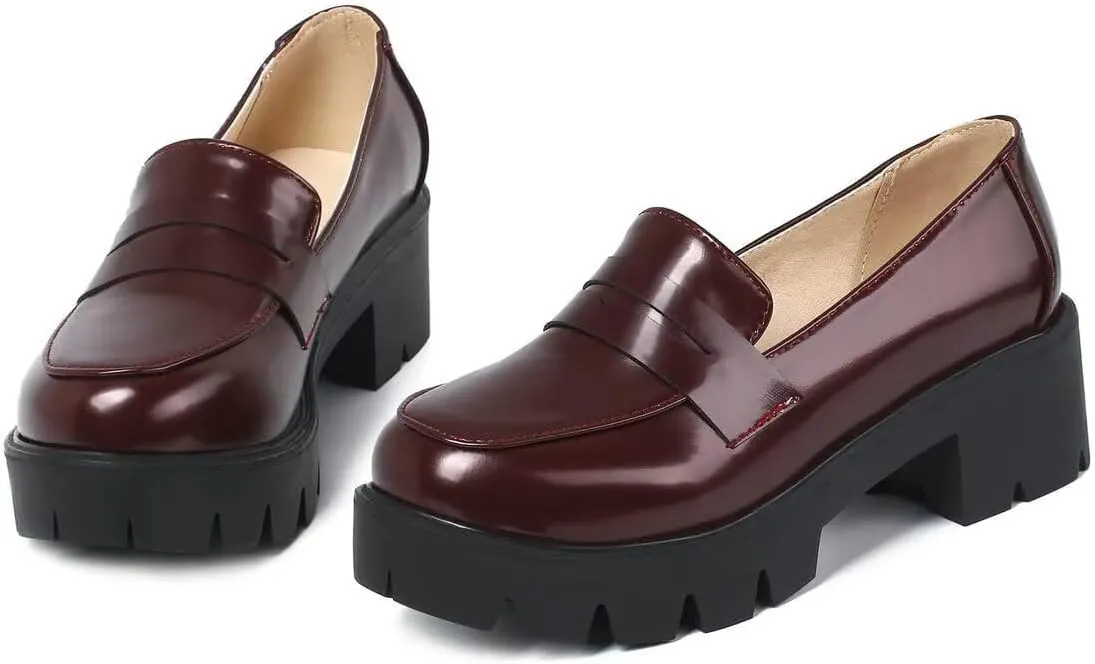 Agodor Women's Goth Chunky Heel Platform Loafers Round Toe Gothic Uniform Dress Shoes