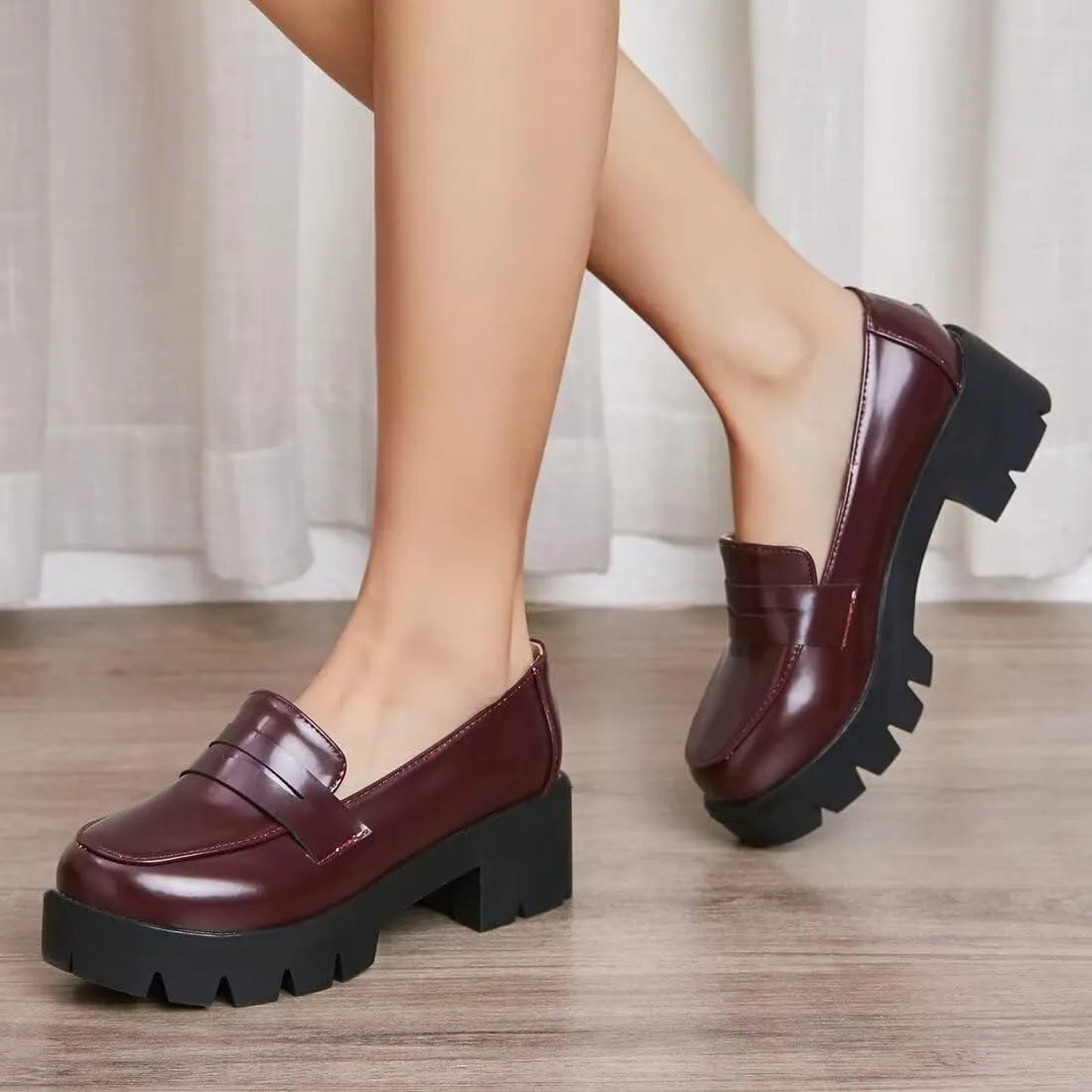 Agodor Women's Goth Chunky Heel Platform Loafers Round Toe Gothic Uniform Dress Shoes
