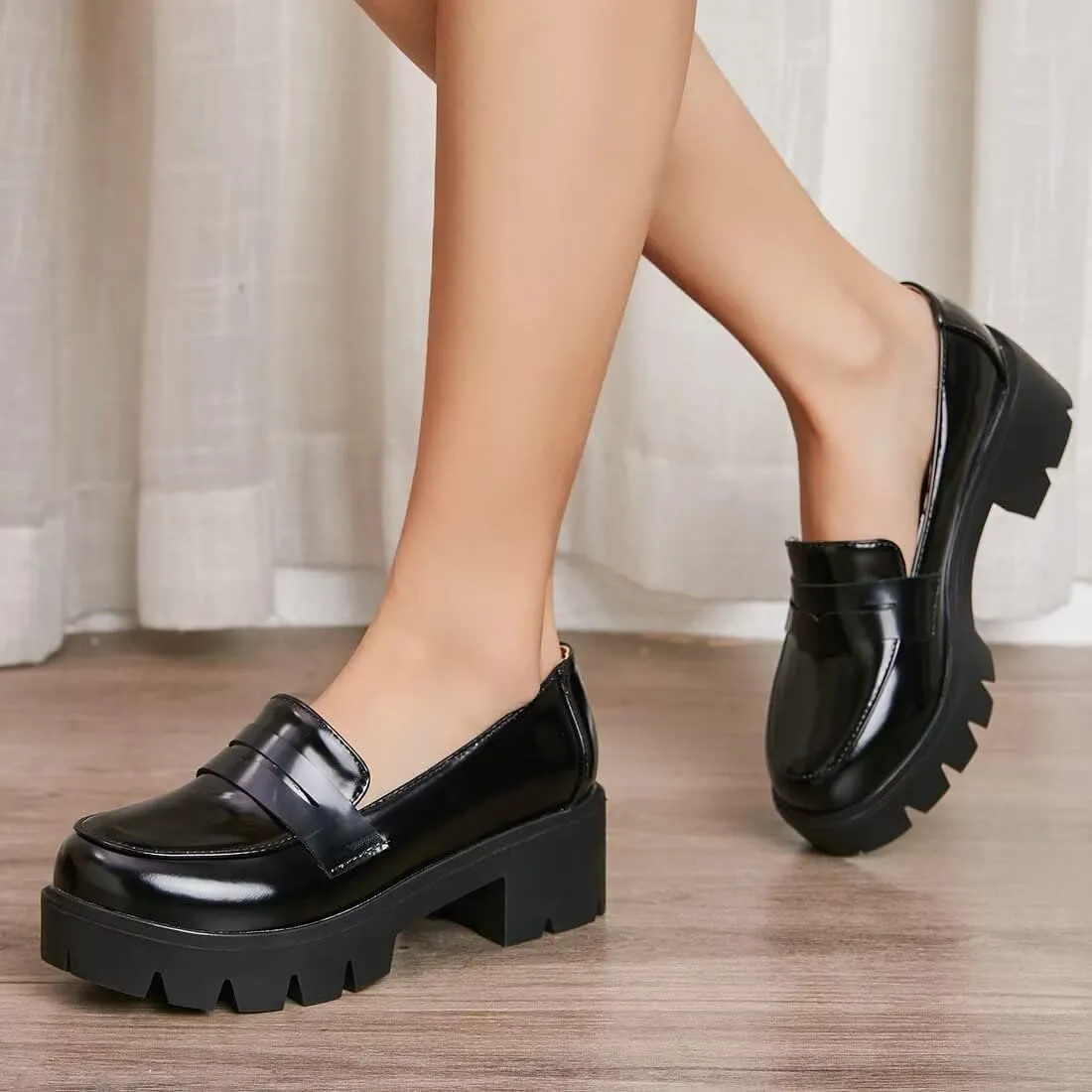 Agodor Women's Goth Chunky Heel Platform Loafers Round Toe Gothic Uniform Dress Shoes