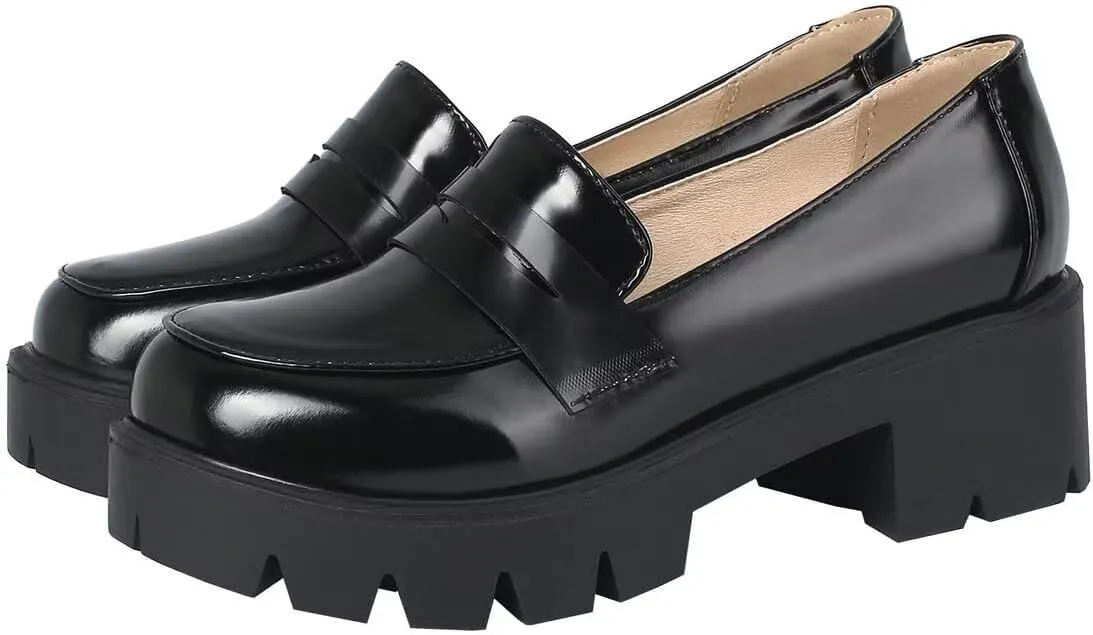 Agodor Women's Goth Chunky Heel Platform Loafers Round Toe Gothic Uniform Dress Shoes