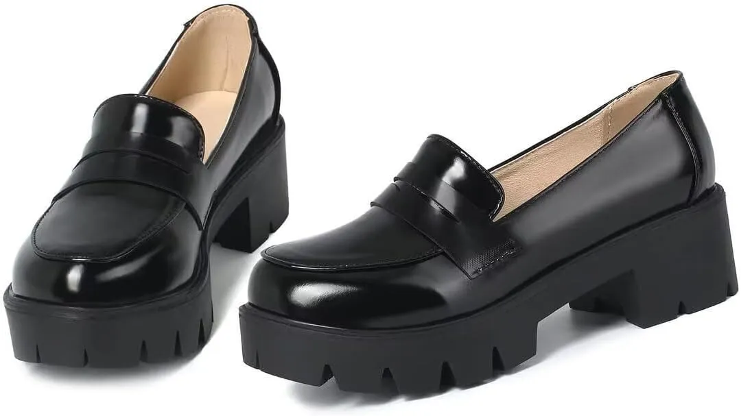 Agodor Women's Goth Chunky Heel Platform Loafers Round Toe Gothic Uniform Dress Shoes