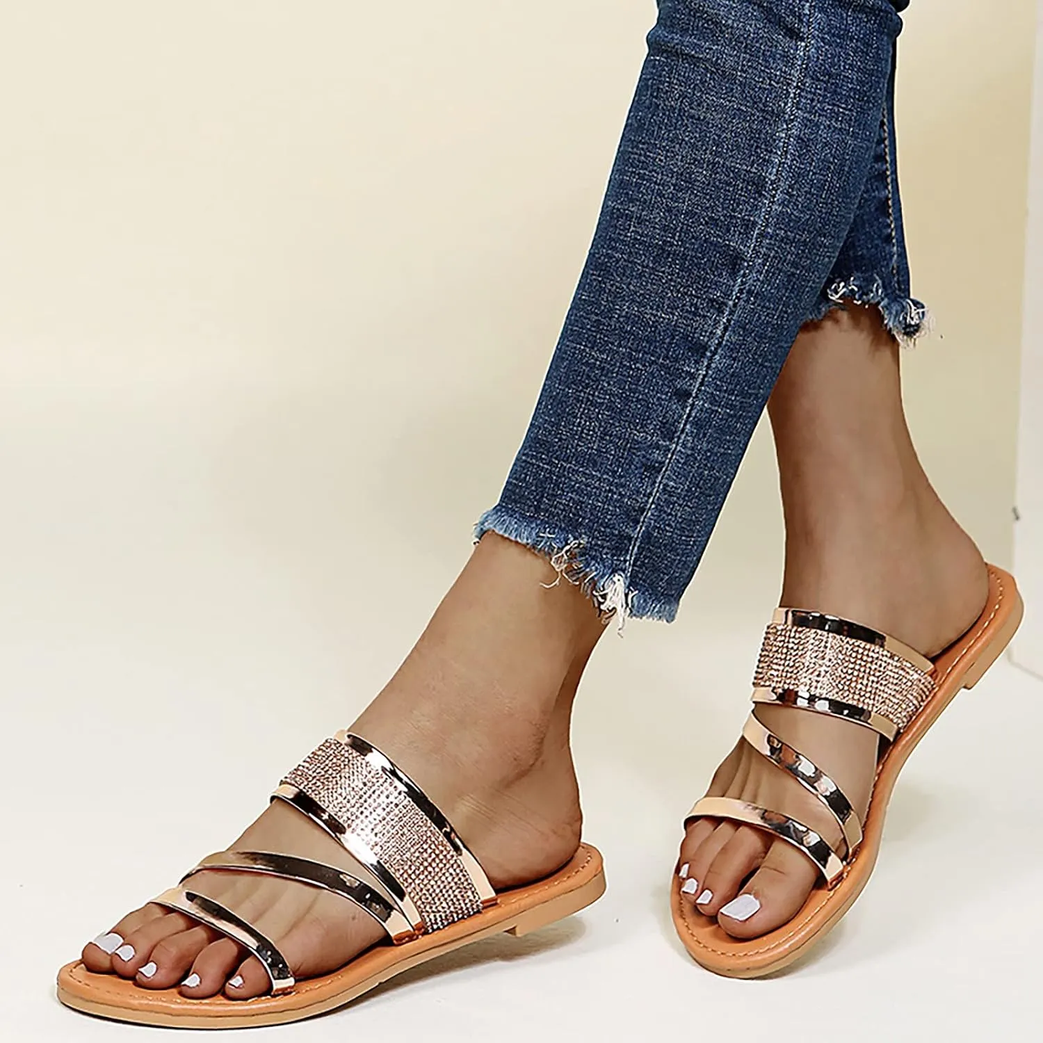 Beach Sandals for Women Roman Slip on Ring Toe Flip Flop Breathable Pluse Size for Women Summer Wedding