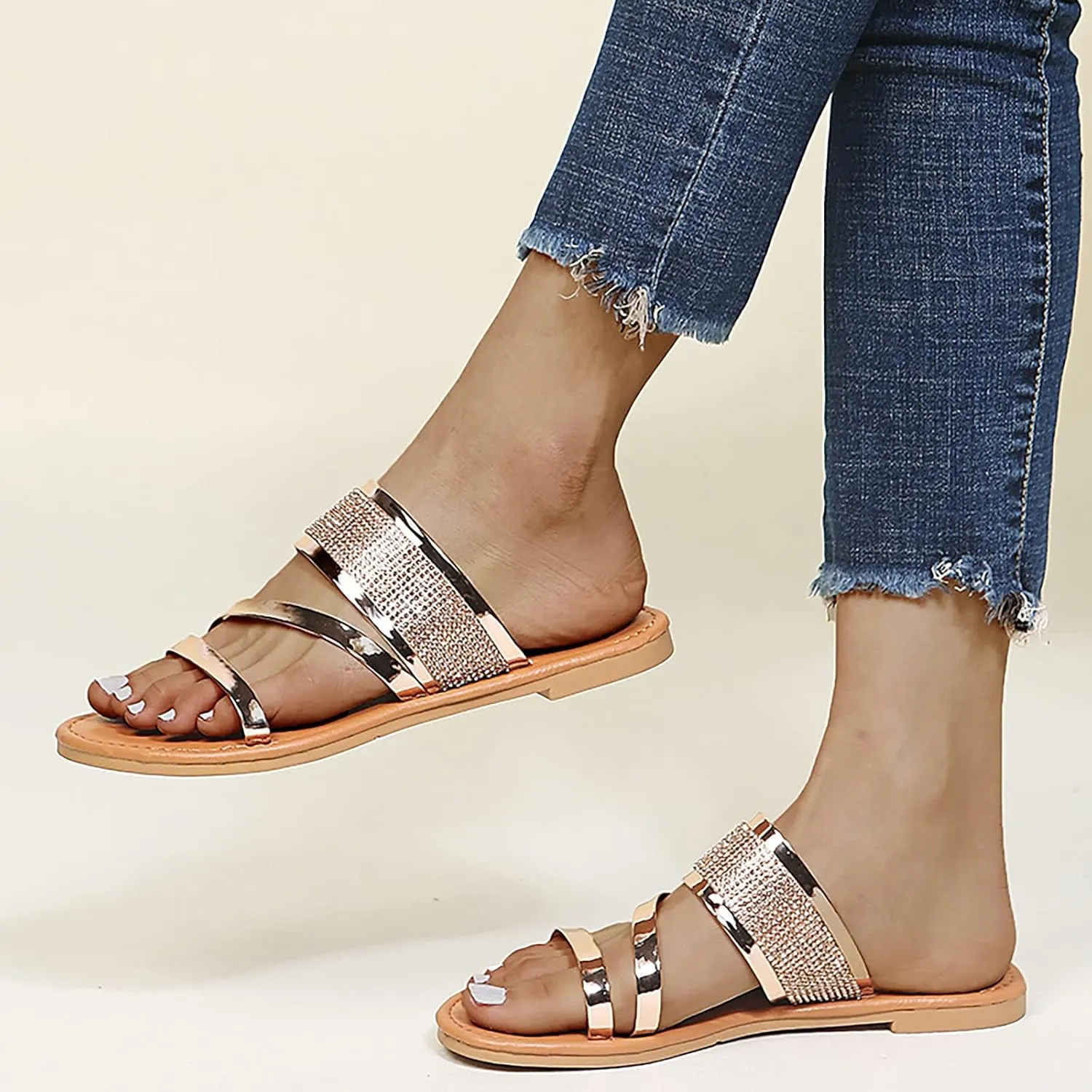 Beach Sandals for Women Roman Slip on Ring Toe Flip Flop Breathable Pluse Size for Women Summer Wedding