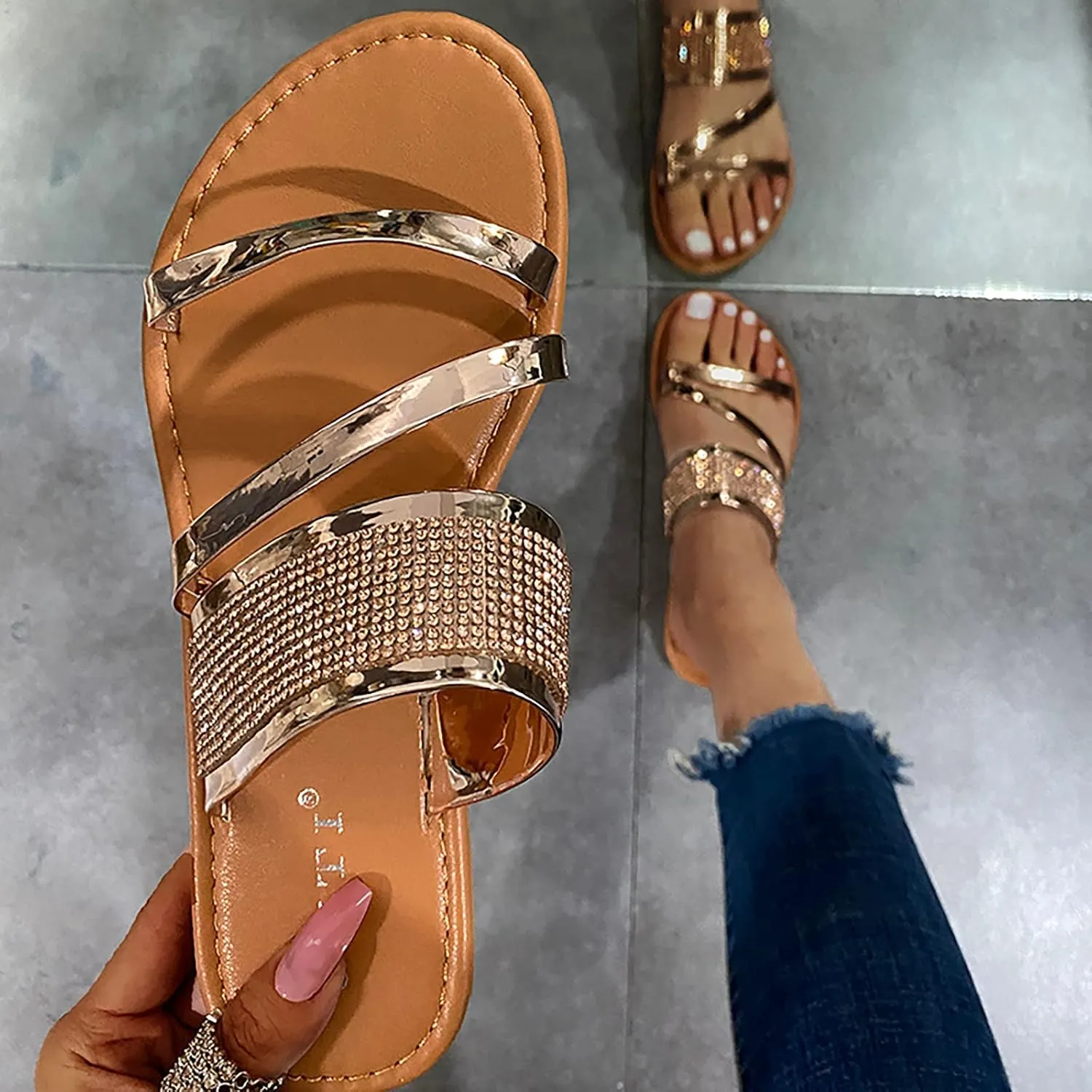 Beach Sandals for Women Roman Slip on Ring Toe Flip Flop Breathable Pluse Size for Women Summer Wedding