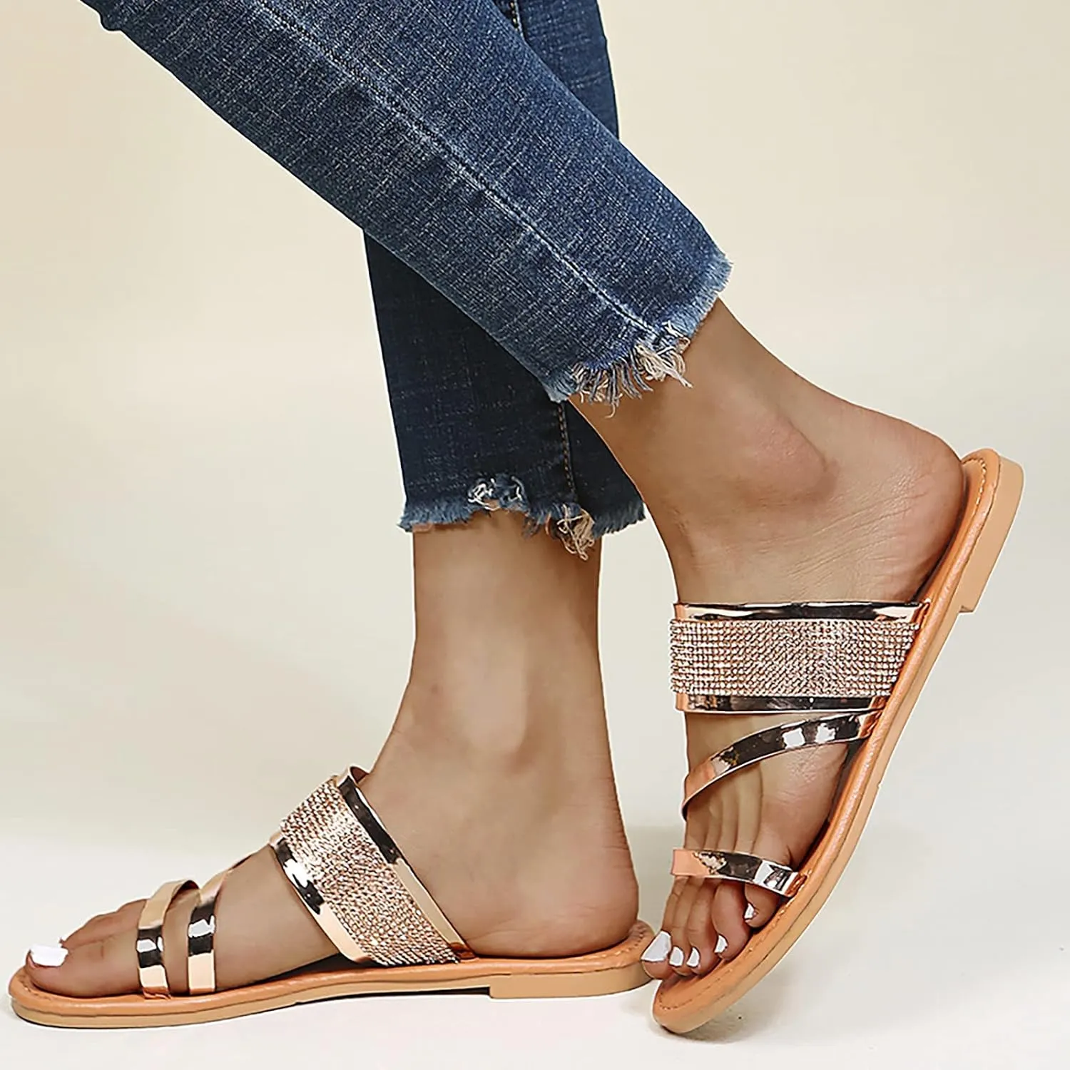Beach Sandals for Women Roman Slip on Ring Toe Flip Flop Breathable Pluse Size for Women Summer Wedding