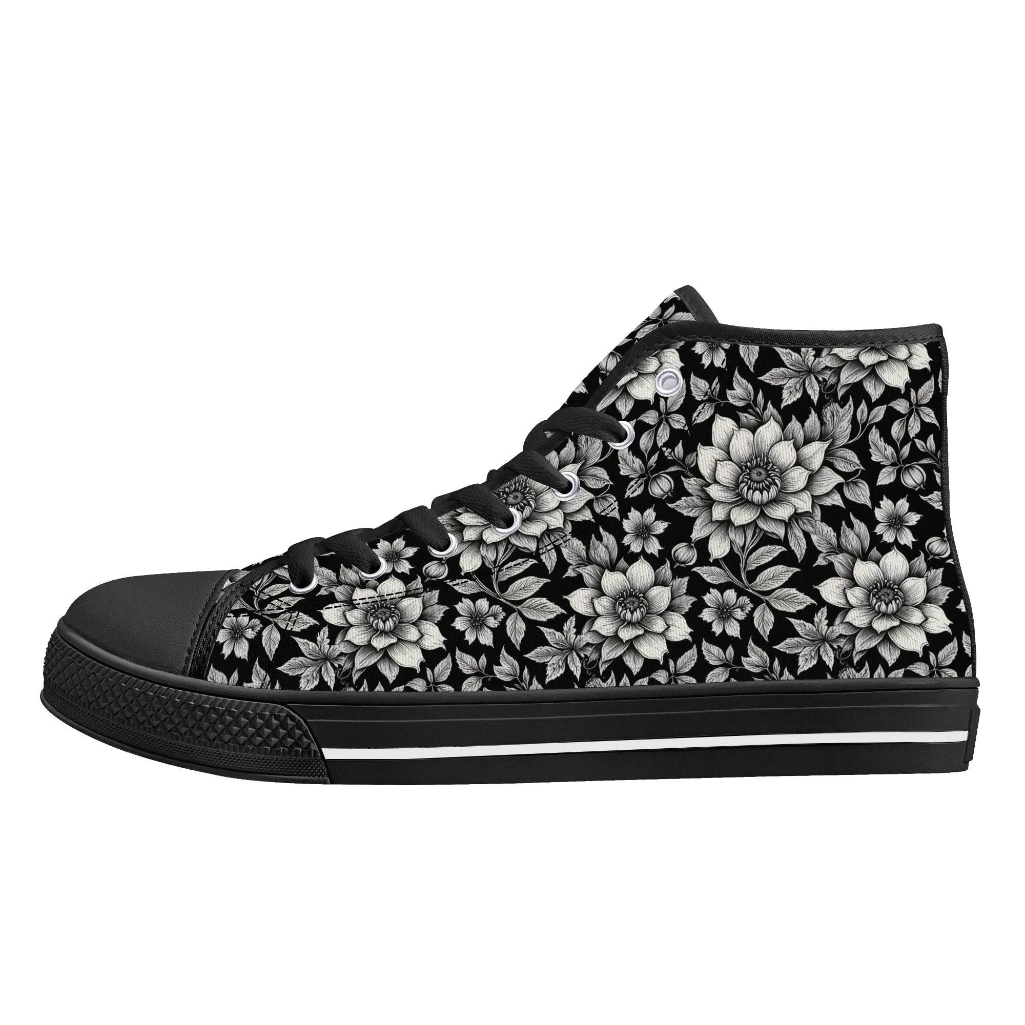 Black and White Bloom Mens High Top Canvas Shoes