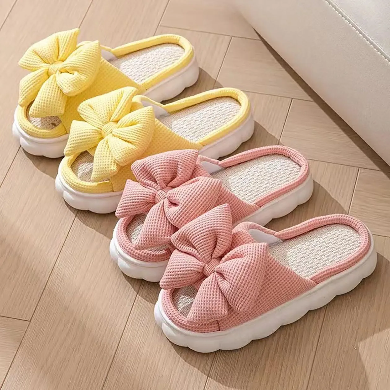 Bow shaped slippers cute women's summer home open toe linen slippers