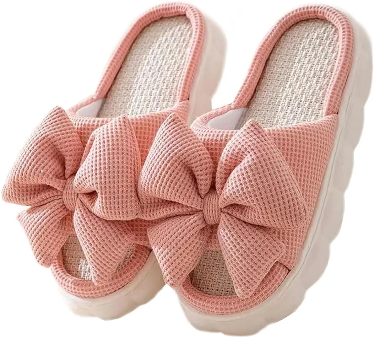 Bow shaped slippers cute women's summer home open toe linen slippers