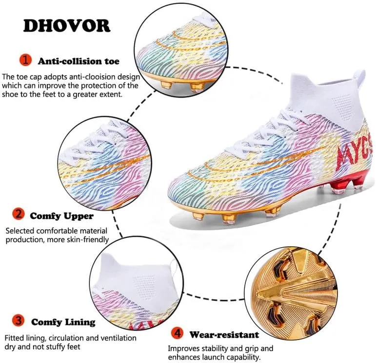 DHOVOR Boys Girls High-Top Soccer Cleats Youth Football Cleats Comfortable Indoor Soccer Shoes for Kids Outdoor/Indoor/Competition/Unisex