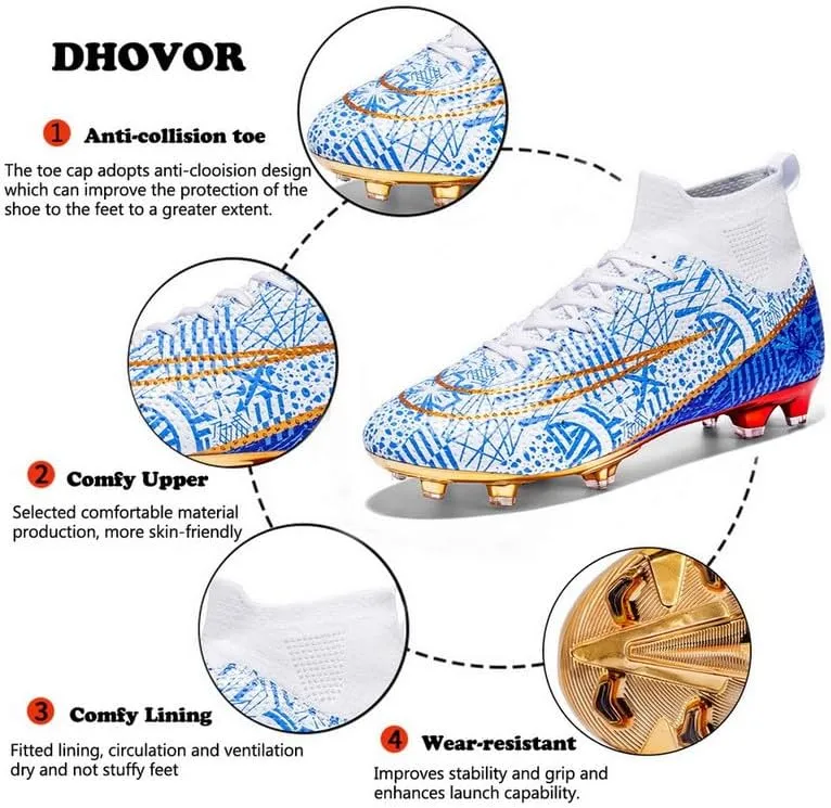 DHOVOR Boys Girls High-Top Soccer Cleats Youth Football Cleats Comfortable Indoor Soccer Shoes for Kids Outdoor/Indoor/Competition/Unisex