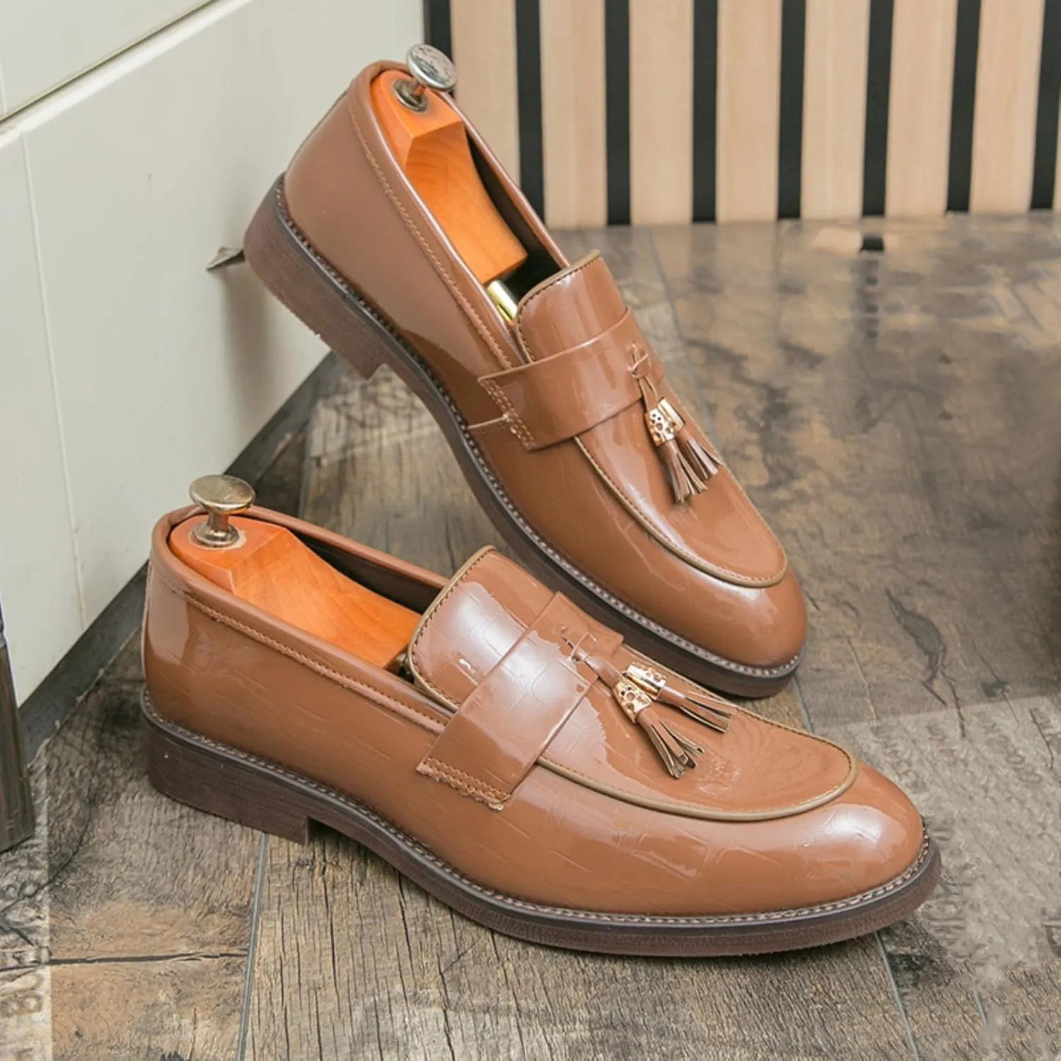 Dress Shoes for Men's Patent Leather Tassel Chunky Loafer Casual Slip - On Platform Loafer Shoes Slip On Dress Shoes for Men Black Brown