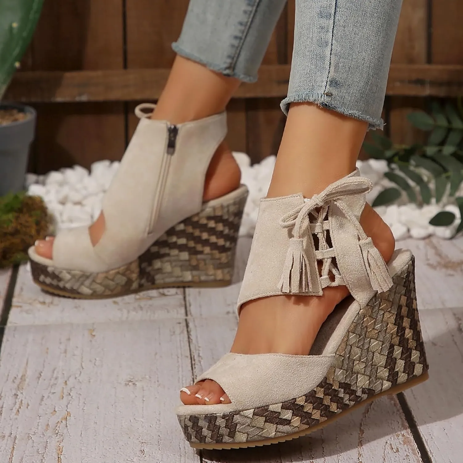 Dressy Sandals Women Hollow Out Zipper Peep Toe Sandals Comfortable Boho Espadrilles Wedges 2025 Summer Casual Slingback Shoes
