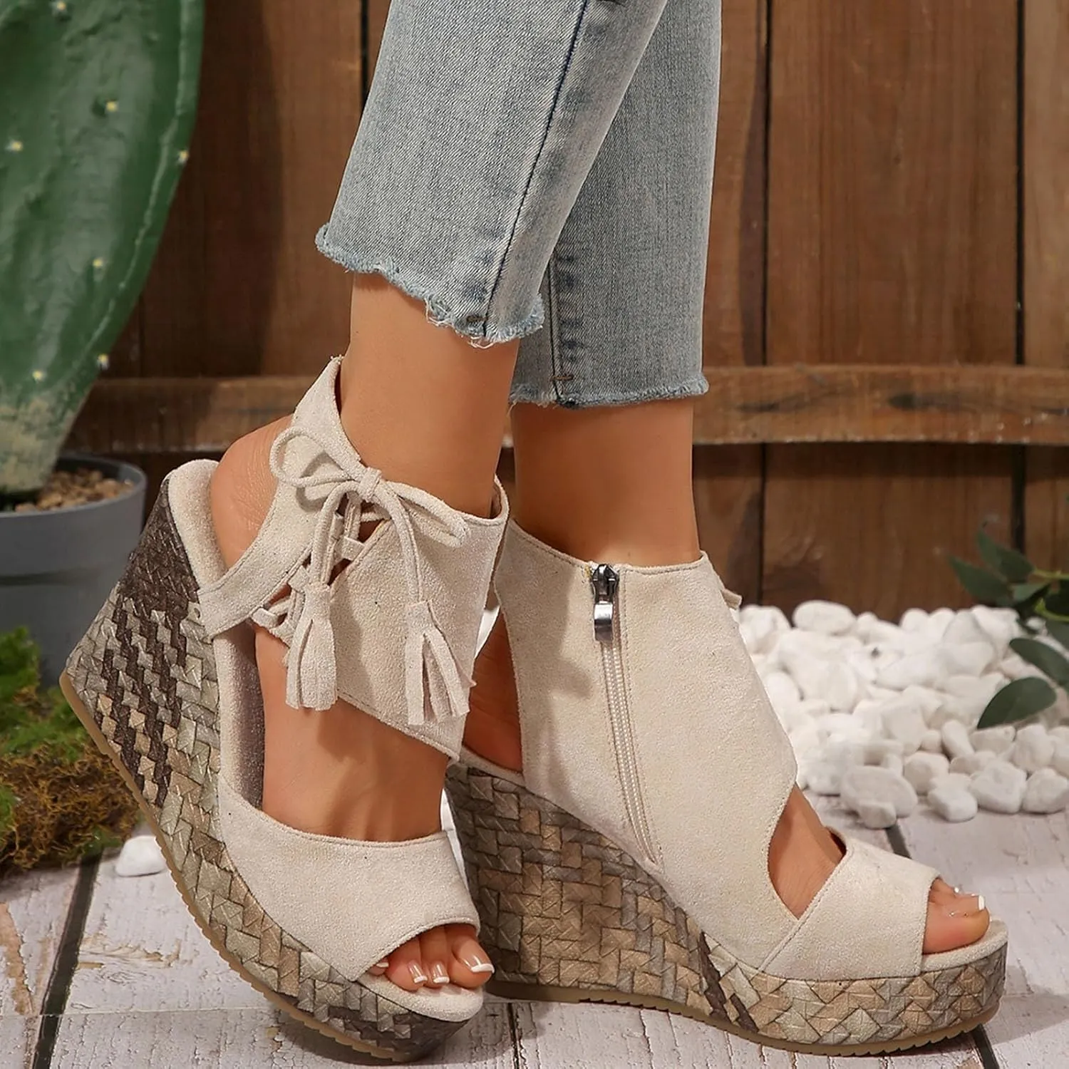 Dressy Sandals Women Hollow Out Zipper Peep Toe Sandals Comfortable Boho Espadrilles Wedges 2025 Summer Casual Slingback Shoes