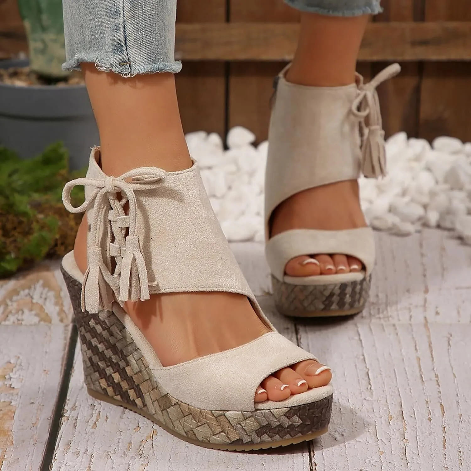 Dressy Sandals Women Hollow Out Zipper Peep Toe Sandals Comfortable Boho Espadrilles Wedges 2025 Summer Casual Slingback Shoes