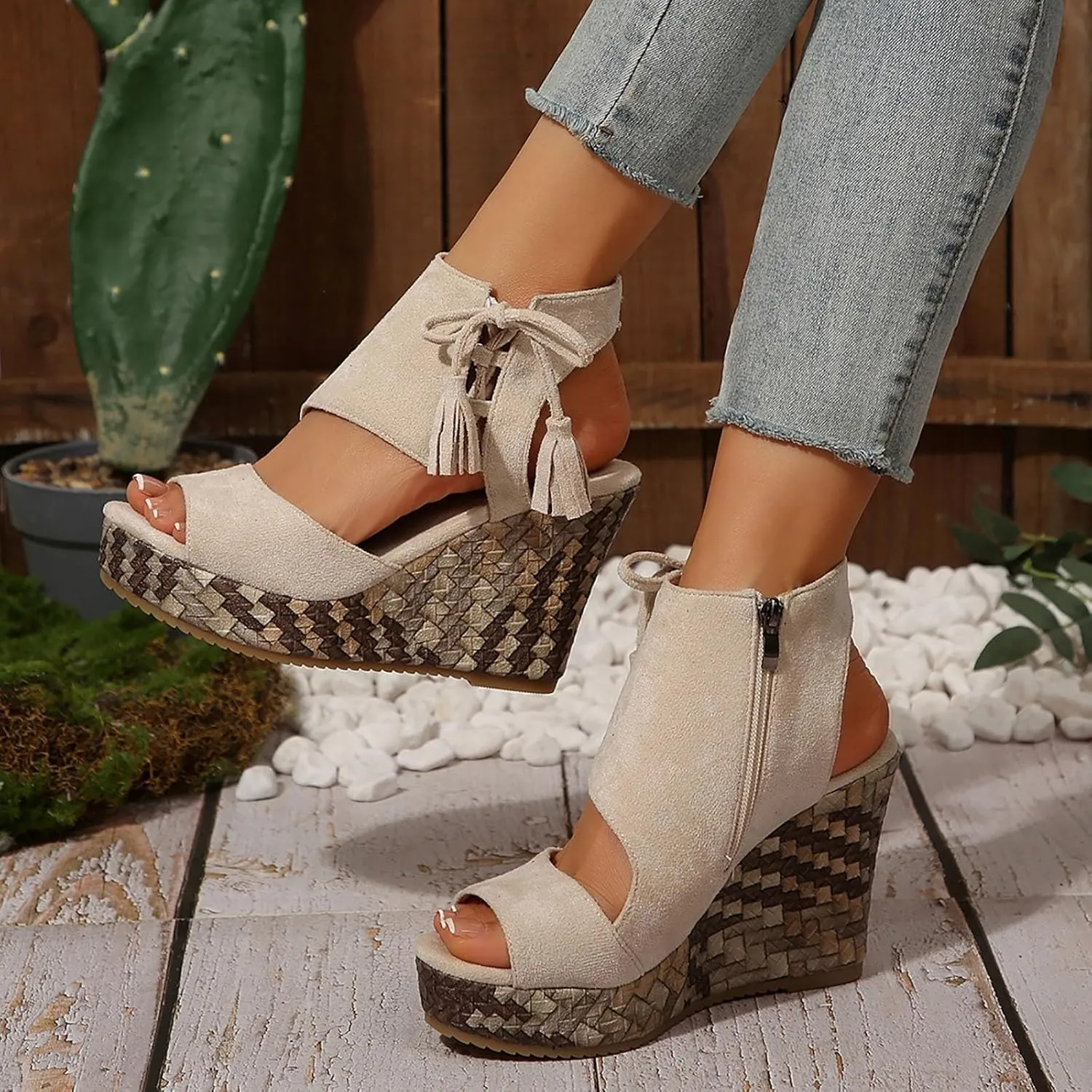 Dressy Sandals Women Hollow Out Zipper Peep Toe Sandals Comfortable Boho Espadrilles Wedges 2025 Summer Casual Slingback Shoes