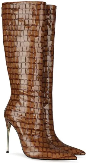 LEHOOR Women Stiletto High Heel Knee High Boots Pointed Toe Crocodile Pattern Mid-Calf Boots Back Zipper 5 Inch High Heel Patent Leather For Ladies Winter Party Evening Booties Shoes 4-12 M US