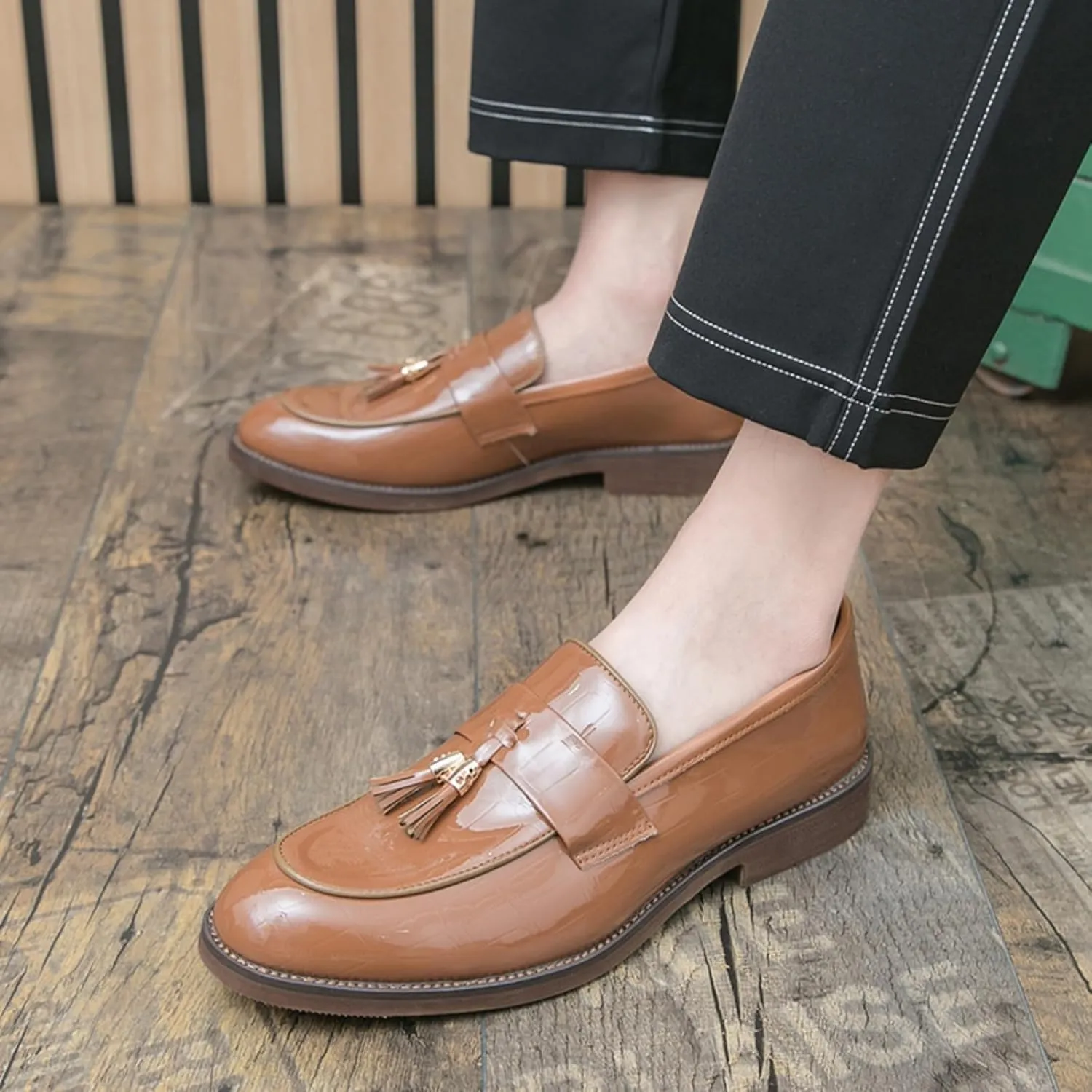 Men's Patent Leather Tassel Chunky Loafer Casual Slip - On Platform Loafer Shoes
