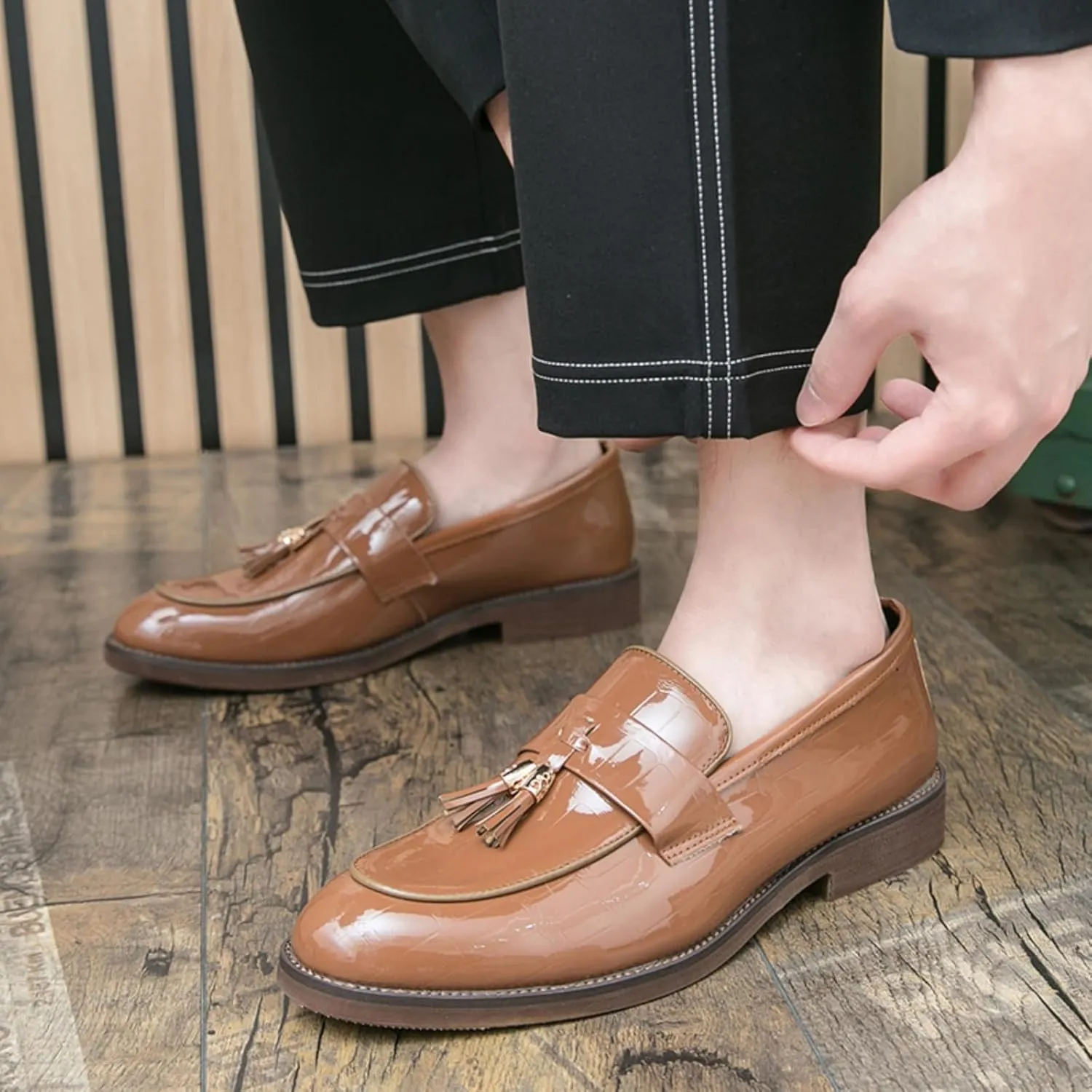 Men's Patent Leather Tassel Chunky Loafer Casual Slip - On Platform Loafer Shoes