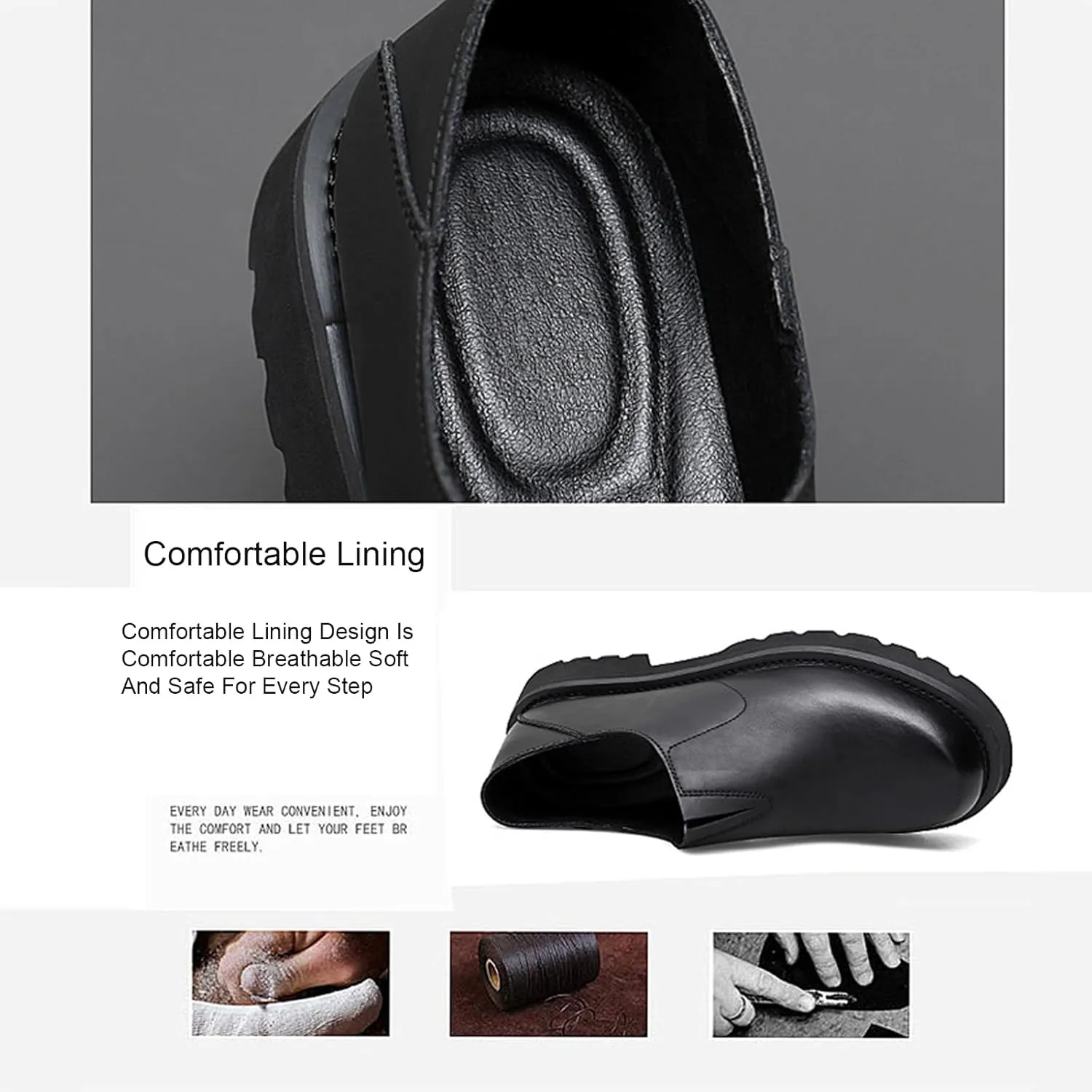 Men's Soft Genuine Leather Platform Loafers Fashion Handmade Round Toe Lightweight Slip-On Business Dress Shoes for Driving Office