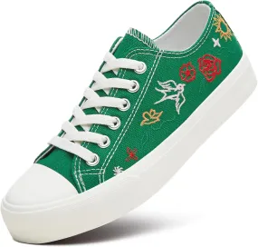 Women Canvas Sneakers with Embroidered Flower,Lace up White Tennis Shoes,Casual Low Top Fashion Sneakers