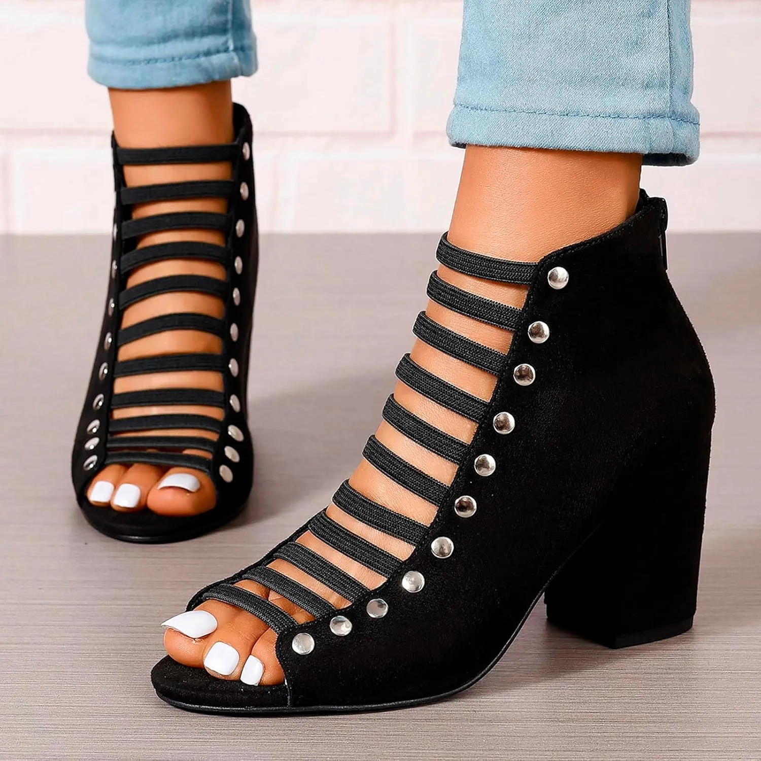 Women Toe Suede Sandals Back Zipper Cutout Sandals Chunky High Heel Sandals Ankle Strap Womens Dress Boots Low Heel