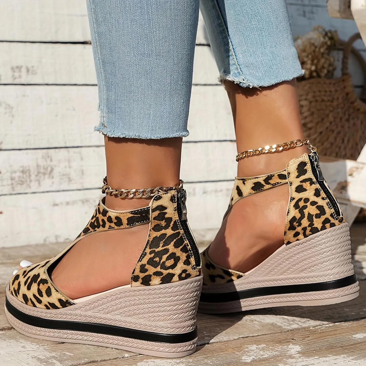 Women Wedge Sandals Peep Toe Slip On Platforms T Strap Zipper Back Sandals Slip On Comfort High Heeled Dress Shoes