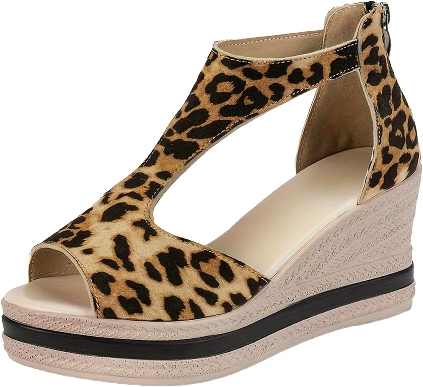 Women Wedge Sandals Peep Toe Slip On Platforms T Strap Zipper Back Sandals Slip On Comfort High Heeled Dress Shoes
