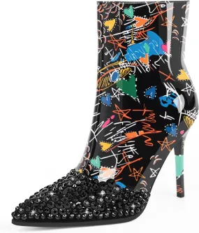Women's High Heel Sexy Ankle Boots Rhinestone Pointed Toe Shoes
