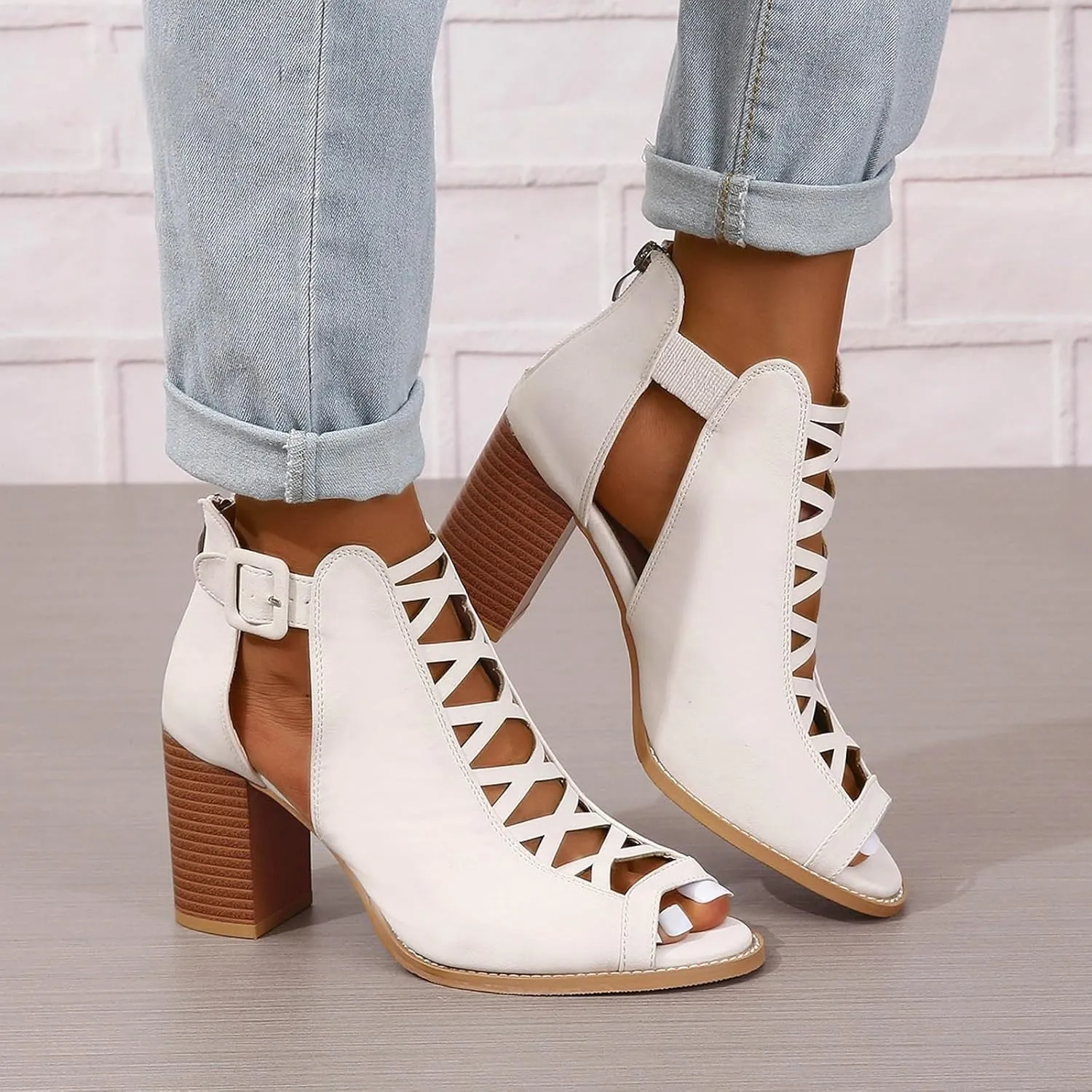 Women's Open Toe Booties with Block Heel and Side Comfortable and Stylish Cut Out Design Chunky Heel Woman Heels Shoes