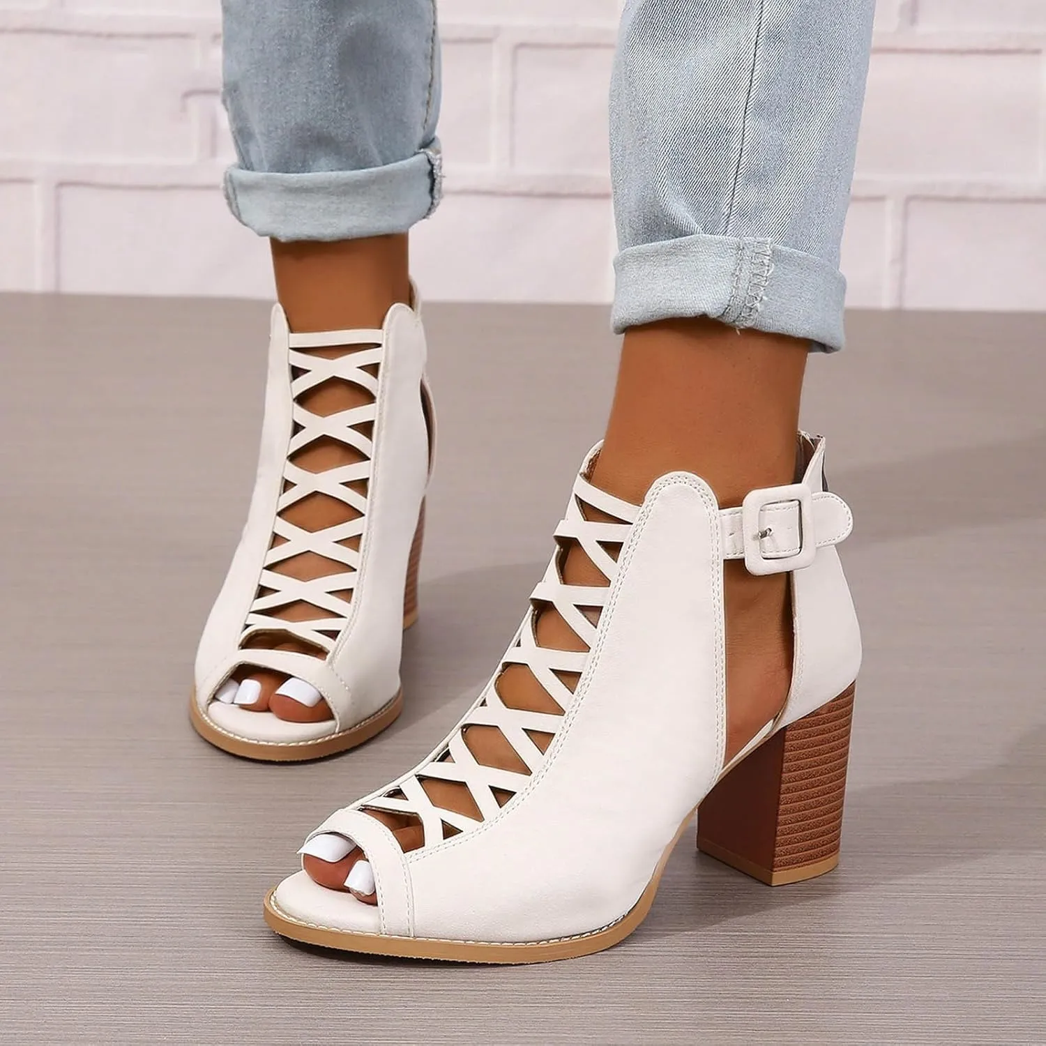 Women's Open Toe Booties with Block Heel and Side Comfortable and Stylish Cut Out Design Chunky Heel Woman Heels Shoes