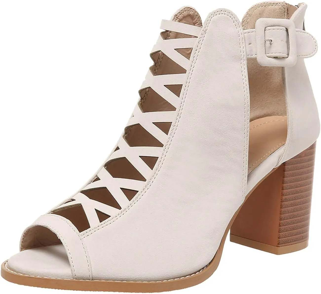 Women's Open Toe Booties with Block Heel and Side Comfortable and Stylish Cut Out Design Chunky Heel Woman Heels Shoes