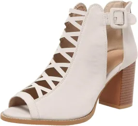 Women's Open Toe Booties with Block Heel and Side Comfortable and Stylish Cut Out Design Chunky Heel Woman Heels Shoes